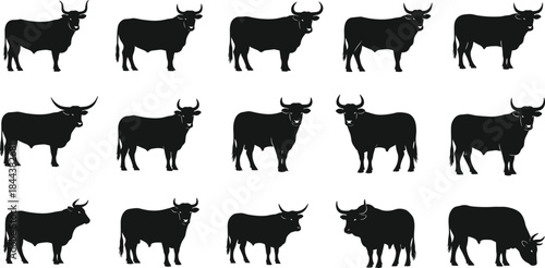 Black and white silhouette vector of three Holstein dairy cows with visible udders, shown grazing in a patch of grass, used for milk, farm, cattle ranching, and agricultural food product graphics.