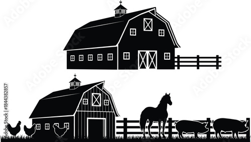 Black and white silhouette vector set featuring traditional gambrel roof barns, a horse, pigs, chickens, and a wooden fence, representing classic farm buildings and livestock.