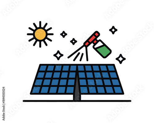 Cleaning Solar Panel Icon with Spraying Sun and Star Symbols