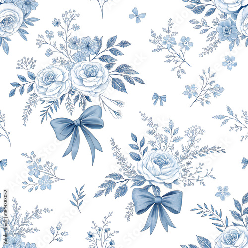 Blue toile digital paper with coquette bows, preppy blue and white seamless printable patterns for baby shower, nursery and scrapbooking