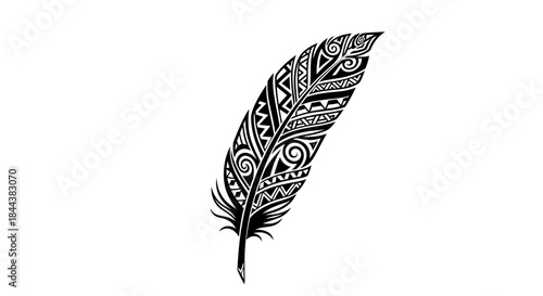 Intricate tribal feather design in black and white for creative projects