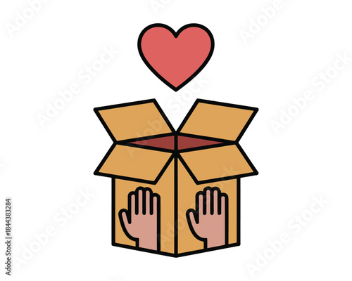 Open charity donation box with heart shape giving hands
