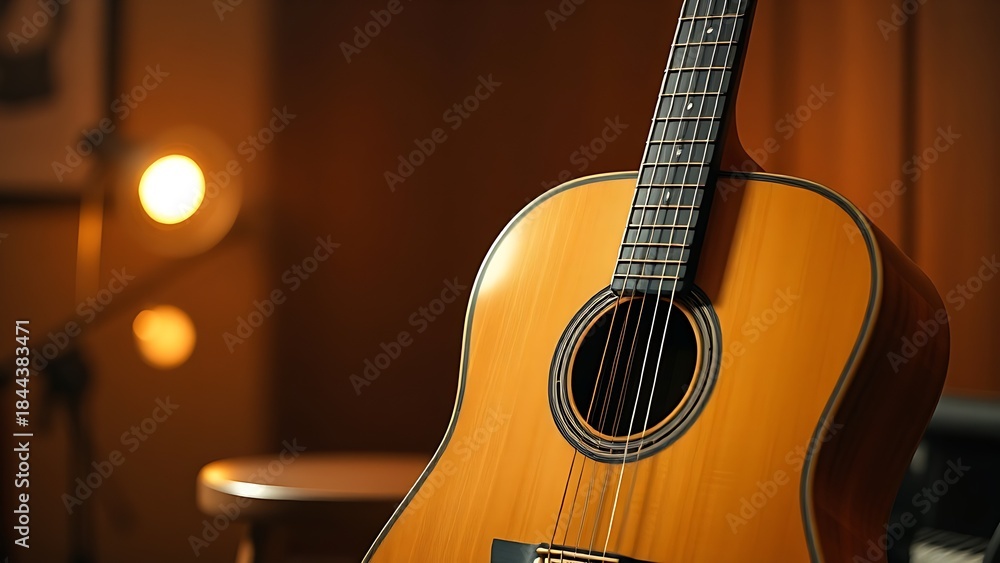 Fototapeta premium An acoustic guitar leaning against a wooden stool, bathed in warm studio light, creating a musical and inviting scene.