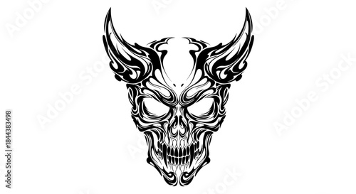 Stylized Demon Skull Illustration with Intricate Tribal-Inspired Design Elements