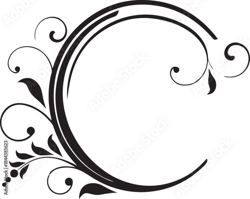 Abstract black and white floral vector frame design with vintage leaf elements and decorative swirl border ornament