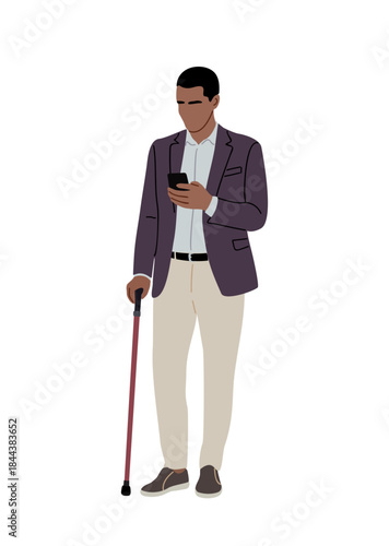 African American businessman using a smartphone while standing with a red walking cane. Flat minimalist vector illustration isolated on transparent background.