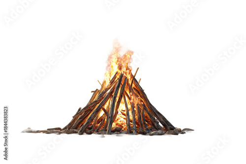 Evening beach bonfire with glowing flames isolated on transparent background