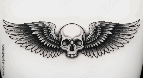 Detailed illustration of a winged skull, conveying themes of mortality and freedom with