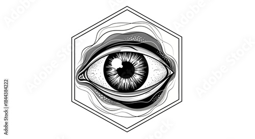 Detailed Eye Illustration with Geometric Frame and Abstract Fluid Elements Design