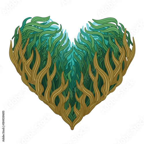 Heart-shaped design made of swaying kelp in vibrant colors  