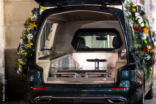 Canvastavla A close-up, rear view of a dark hearse with its tailgate open, revealing the polished interior and gurney