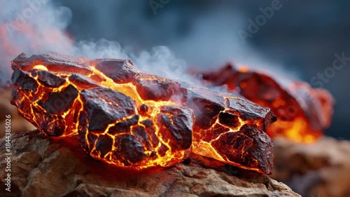 Molten Rock and Earth's Core: Capturing the raw power of nature, molten rock glows with intense heat and releases steam. The textured surface highlights the earth's fiery core.
