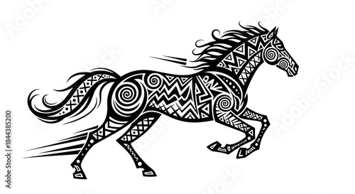 Stylized black and white running horse adorned with intricate patterns and tribal motifs