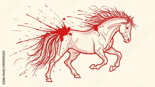 Outline Running Horse with Red Blood Splatter Vector Illustration