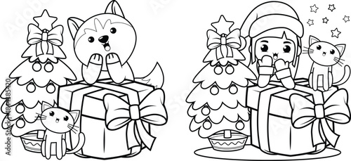 Cartoon Santa set Claus with gifts wishes a Merry Christmas, perfect for coloring page, transparent background, coloring pages, kids , coloring, pages
