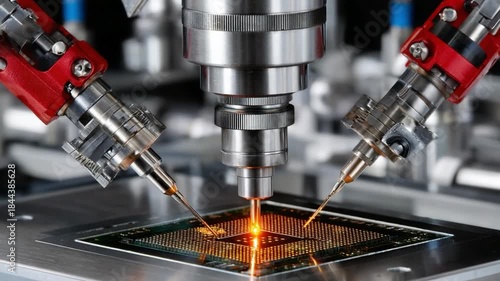 Precision Assembly: An intricate close-up showcases a robotic arm engaged in the meticulous assembly of a microchip.