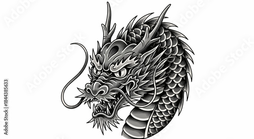 Intricate monochrome illustration featuring a detailed dragon head in traditional style