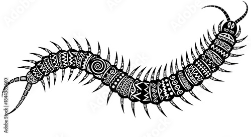 Intricate centipede design with tribal patterns evoking ancient mythology and art