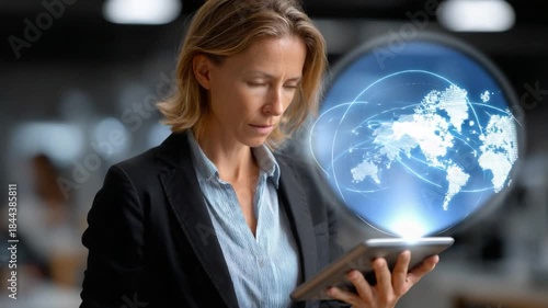 Global Connection: A businesswoman, engrossed in her tablet, stands before a holographic representation of the world, highlighting her company's international scope and ambition.