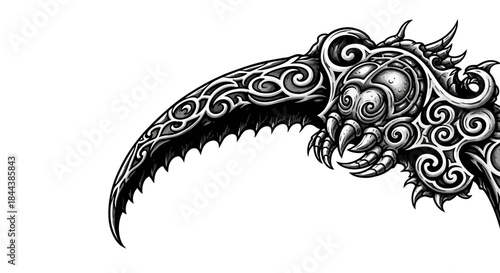 Intricate and Ornamental Scythe Illustration with Detailed Designs and Sharp Edges