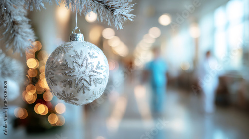 Christmas tree decoration ball on the background of a blurry hospital corridor.