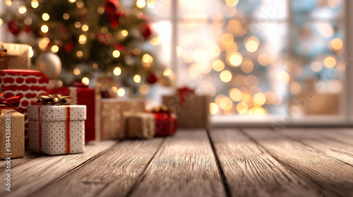 Wooden floor with a christmas tree and gifts in the background.