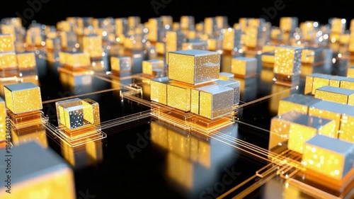 Digital Cityscape: An abstract representation of a futuristic cityscape, built from interconnected metallic blocks, radiating a vibrant, energetic glow and reflecting progress