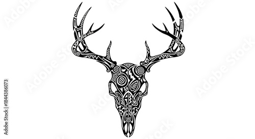 Intricate tribal tattoo design featuring a stylized deer skull and antlers artwork