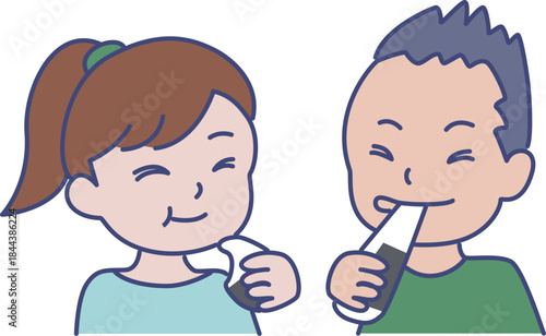 お餅を食べる男の子と女の子のイラスト