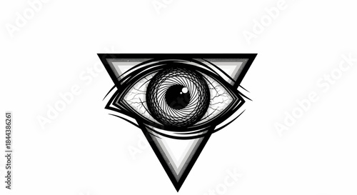 Monochrome illustration showcasing a detailed eye within a triangle symbol art