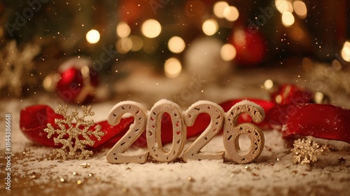 Christmas wooden blocks with 2026 number and red ribbon