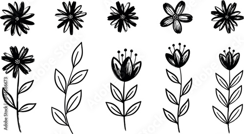 Vintage set of black flower and plant silhouettes featuring floral vectors and leaf ornaments for seamless nature pattern wallpaper design or textile decoration