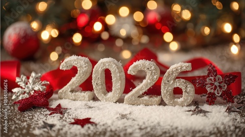 Christmas wooden blocks with 2026 number and red ribbon