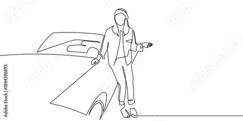A single, continuous line a woman is standing leaning against a car. simple line art illustration. Editable stroke.