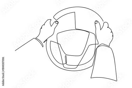 A single, continuous line hands are controlling the steering wheel of a car. simple line art illustration. Editable stroke.