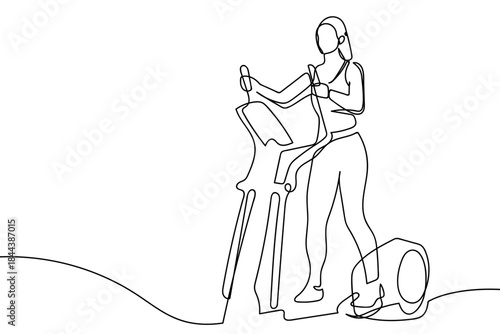 A single, continuous line: A fit woman is exercising on a treadmill. simple line art illustration. Editable stroke.