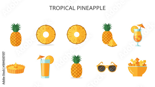 A collection of vector illustrations related to tropical pineapples and summer items