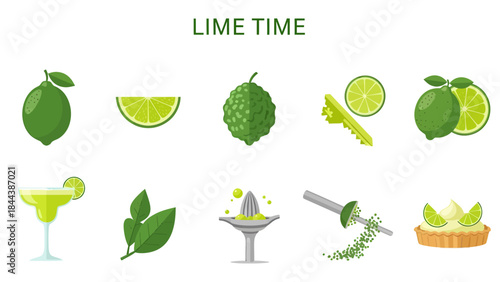 A flat illustration grid showing whole limes slices a bergamot zest a margarita leaves a juicer and a tart