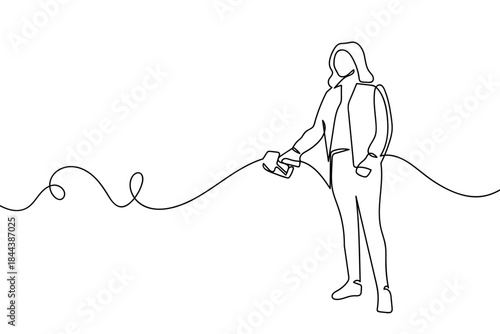 A single, continuous line: A woman is refueling her car. simple line art illustration. Editable stroke.