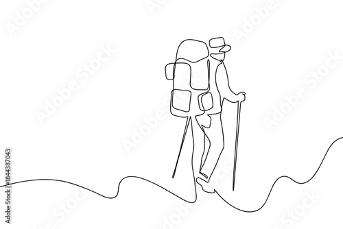 A single, continuous line people hiking up the mountain. simple line art illustration. Editable stroke.