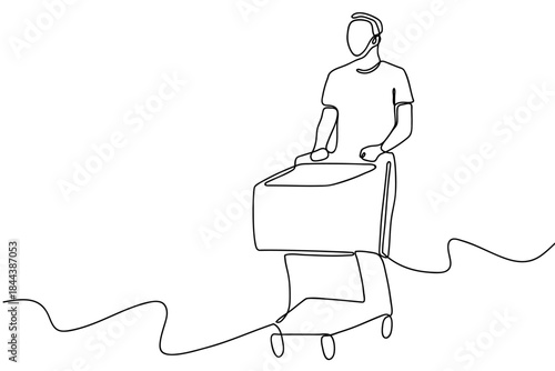 A single, continuous line: A man is pushing a shopping cart in a supermarket. simple line art illustration. Editable stroke.