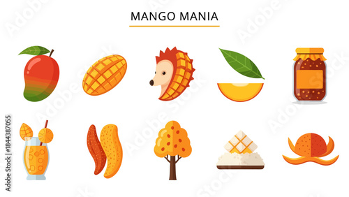 A graphic layout titled MANGO MANIA with ten mangorelated illustrations in two rows