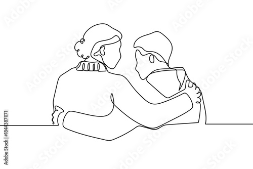 A single, continuous line; two people comforting each other with an embrace on a horse bench in a park. simple line art illustration. Editable stroke.