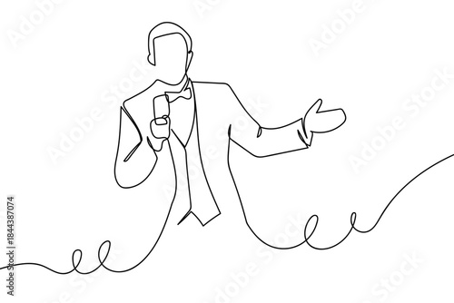A single, continuous line a male singer is performing on stage. simple line art illustration. Editable stroke.