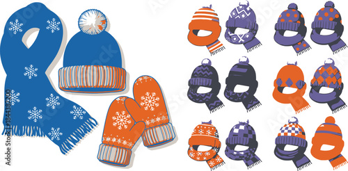 A charming collection of warm winter apparel featuring knitted hats, scarves, and mittens