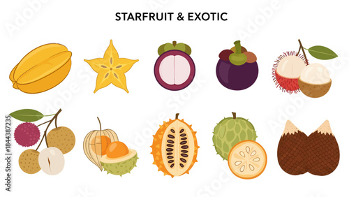 Illustrations of starfruit and nine other exotic fruits