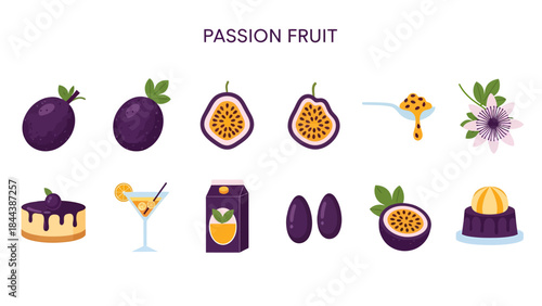 Illustrations of whole halved passion fruits pulp juice flowers and desserts