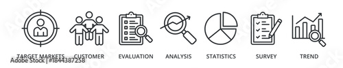 Market research banner icon with target markets, customer, evaluation, analysis, statistics, survey, trend
