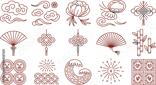 Traditional Asian Line Art Icons Set with Clouds, Fans, Lanterns and Floral Ornaments Vector