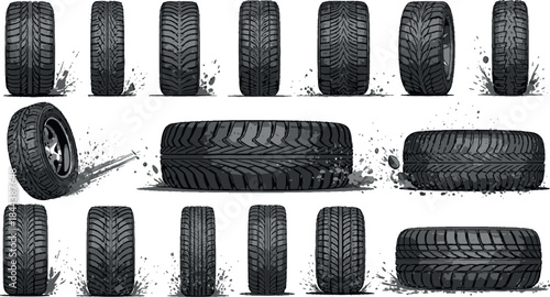 A set of new black rubber car tires and wheels with detailed tread patterns isolated on white for automobile transport and vehicle racing